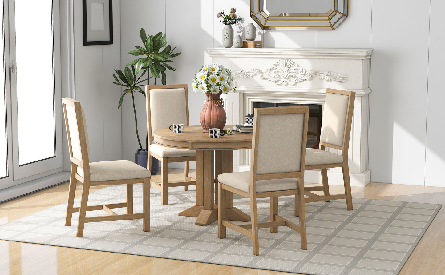 Natural 5-Piece Extendable Round Table and 4 Upholstered Chairs