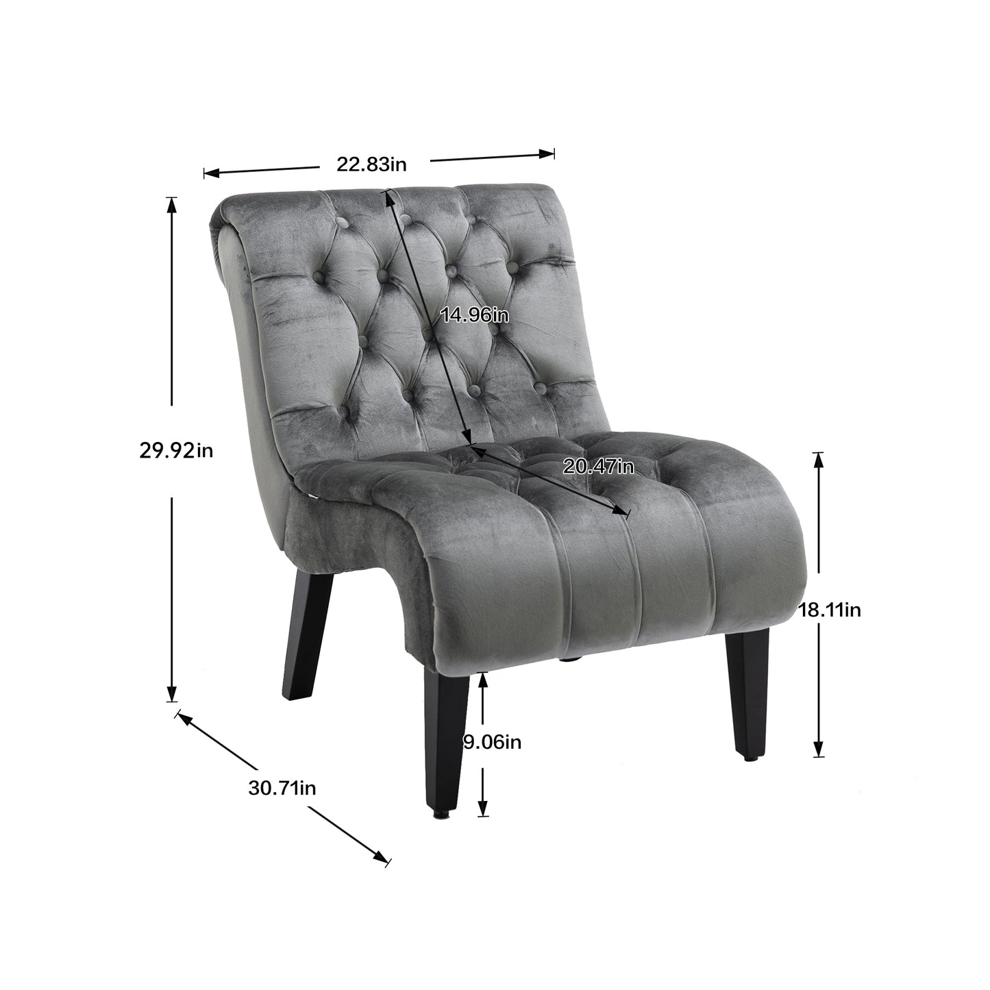 Modern Grey Button Tufted Velvet Armless Recliner