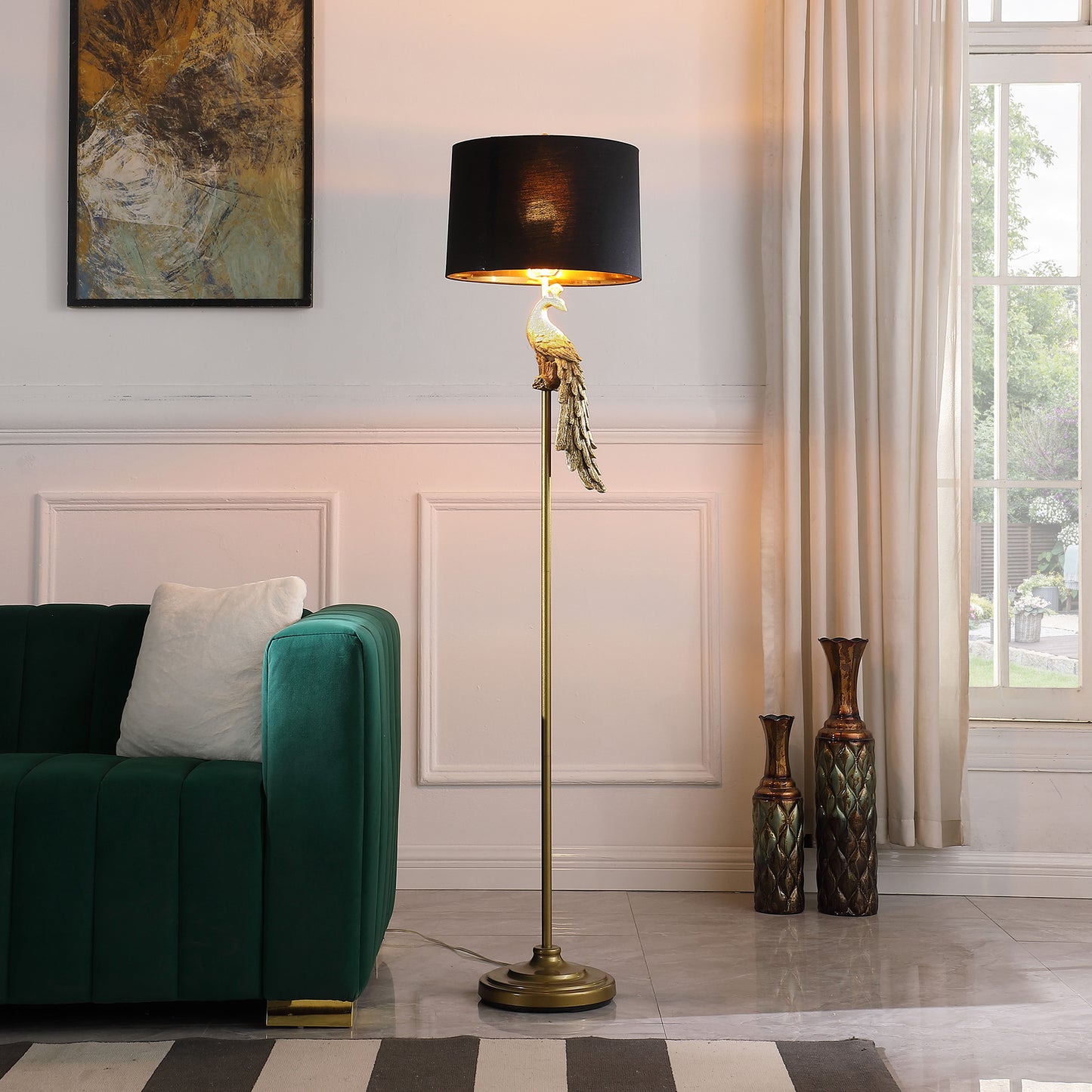 Golden Peacock On A Pedestal Polyresin Floor Lamp