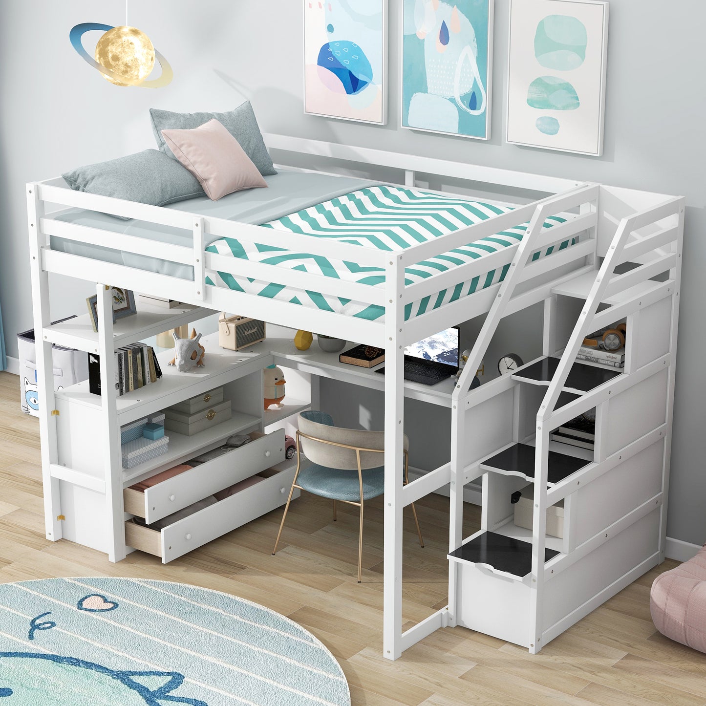 White Full Size Loft Bed with Desk, Shelves, and Built-in Drawers