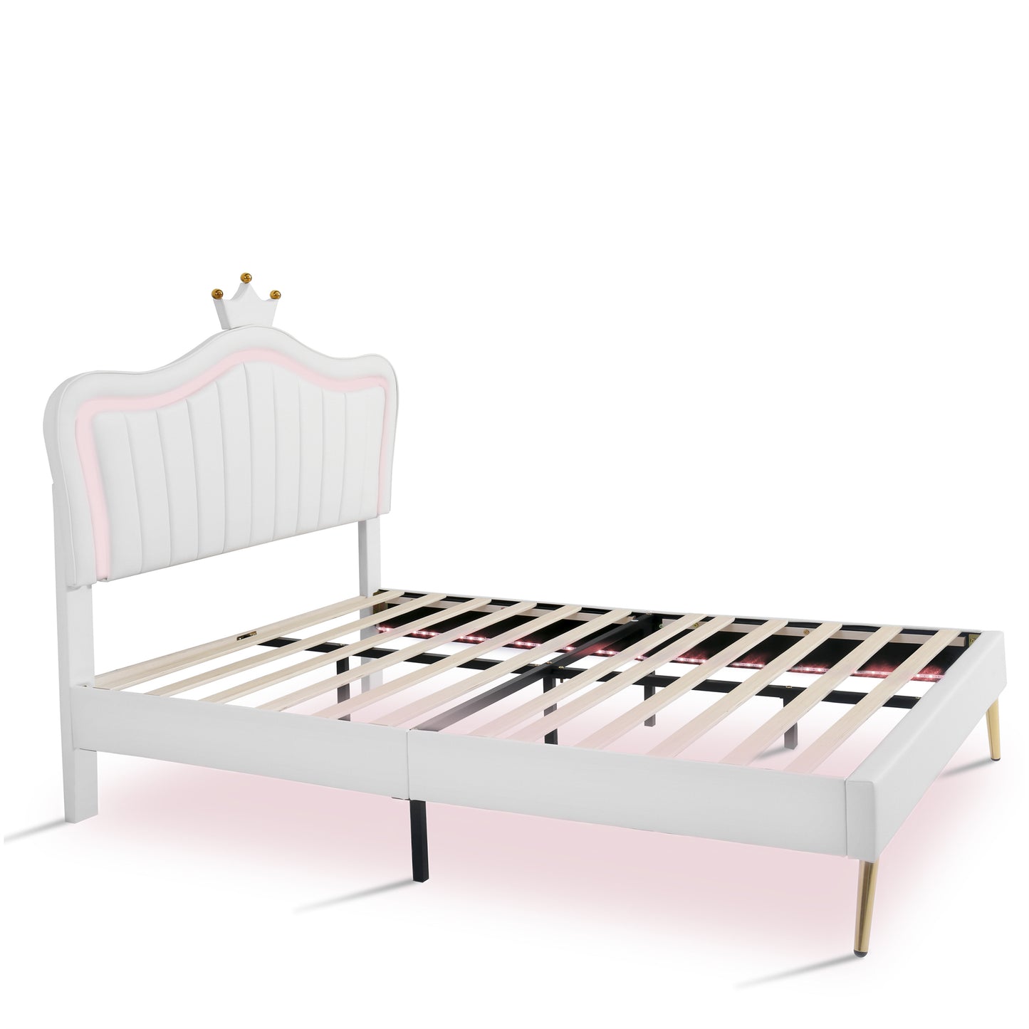 White Full Size LED Princess Bed With Crown Headboard