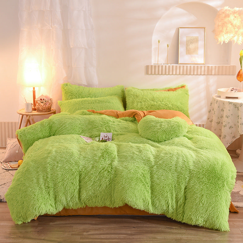 Green Luxury Thick Furry Fleece Duvet Cover Set