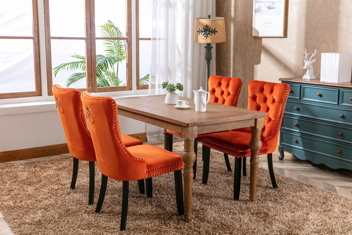 High-End Orange Button Tufted Velvet Dining Chairs 2-Pcs Set