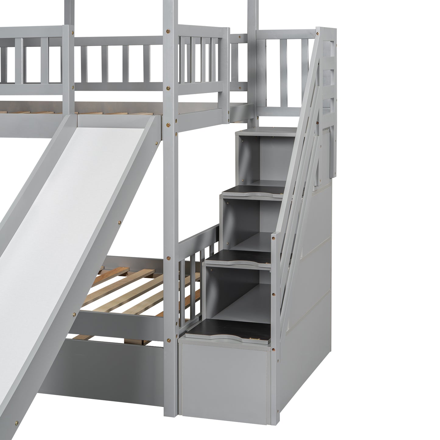 Grey Twin Town House Bunk Bed with Trundle and Slide