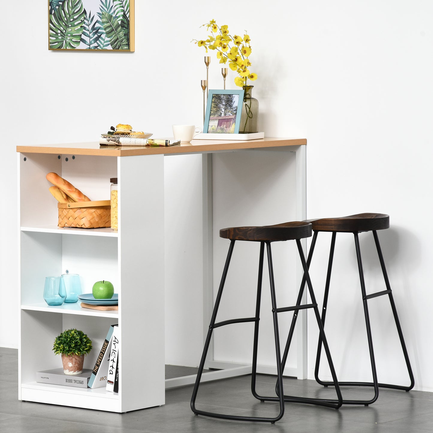 White Counter Height Dining Table with 3 Storage Shelves