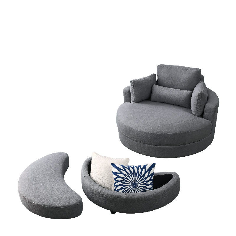 Grey Linen Swivel Accent Barrel Chairs with Storage Ottomans