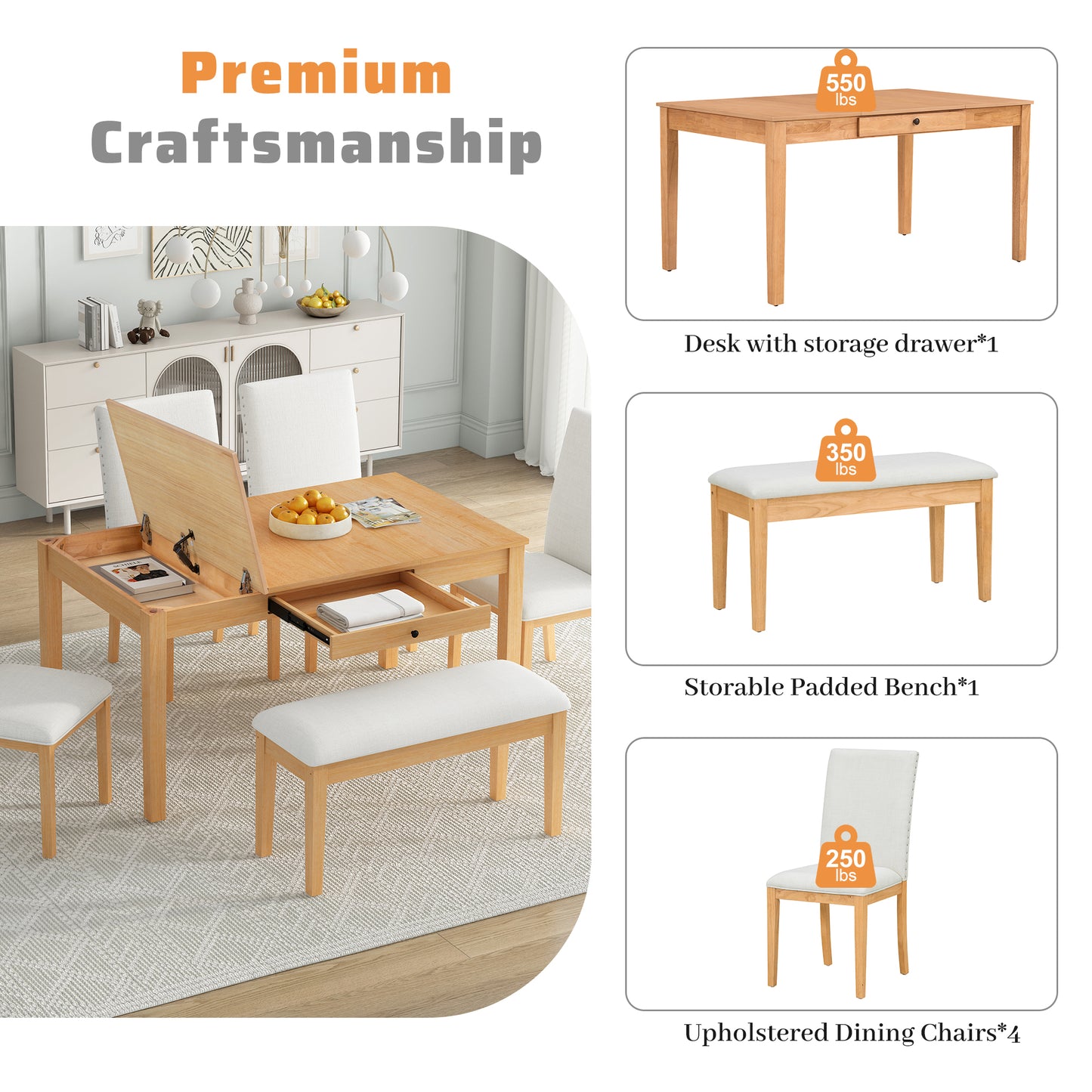 Natural Rubberwood 6-Piece Dining Table Set with Storage