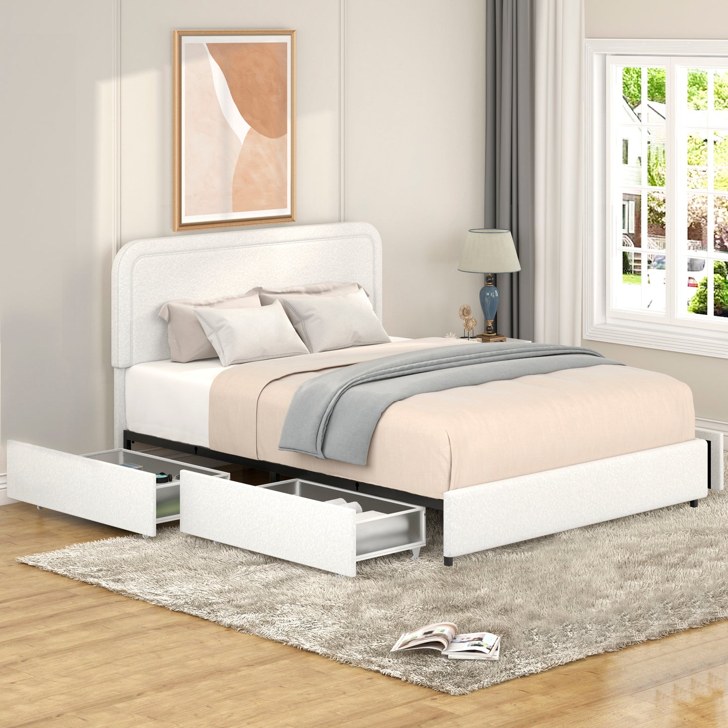 Ivory Boucle Queen Platform Bed with 4 Drawers Storage