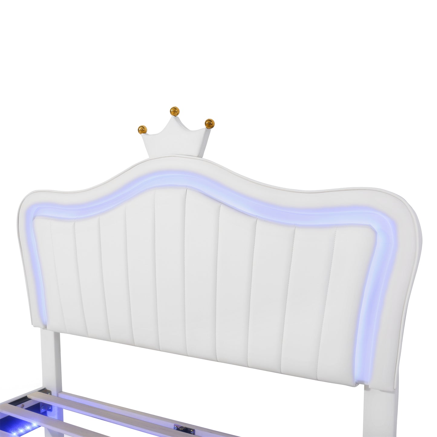 White Full Size LED Princess Bed With Crown Headboard