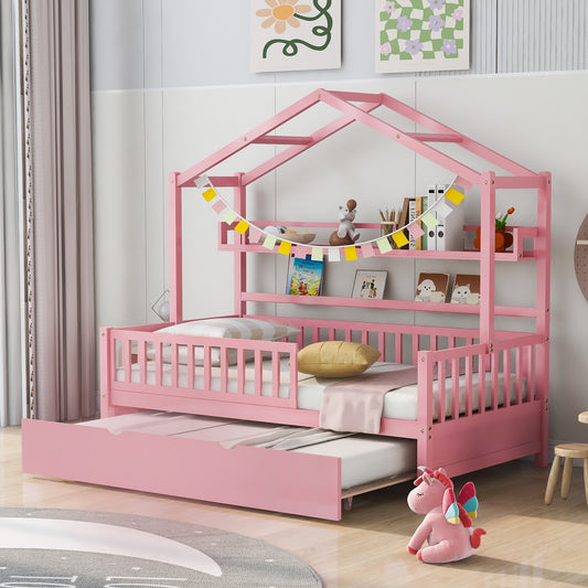 Pink Wooden Twin Size House Bed 