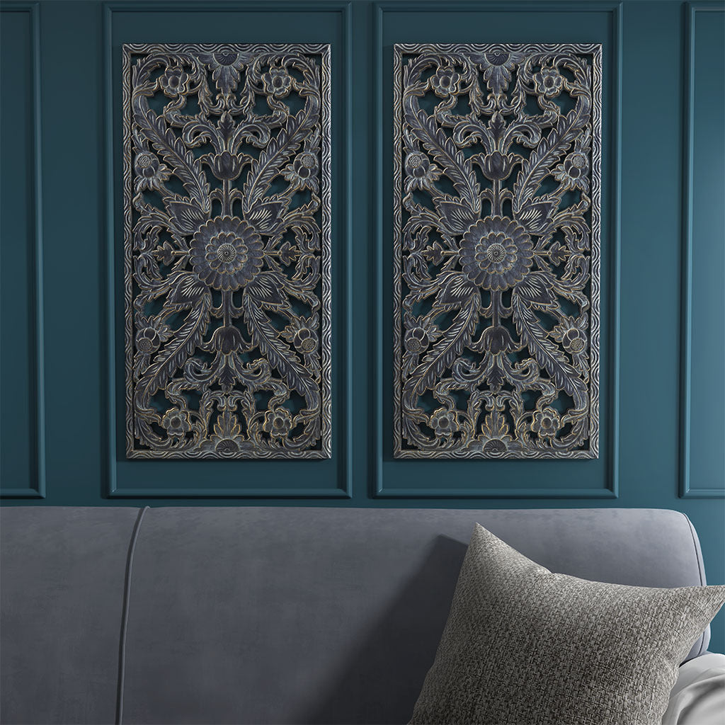 Grey and Slate Blue Distressed Carved Wood 2-piece Wall Decor Set