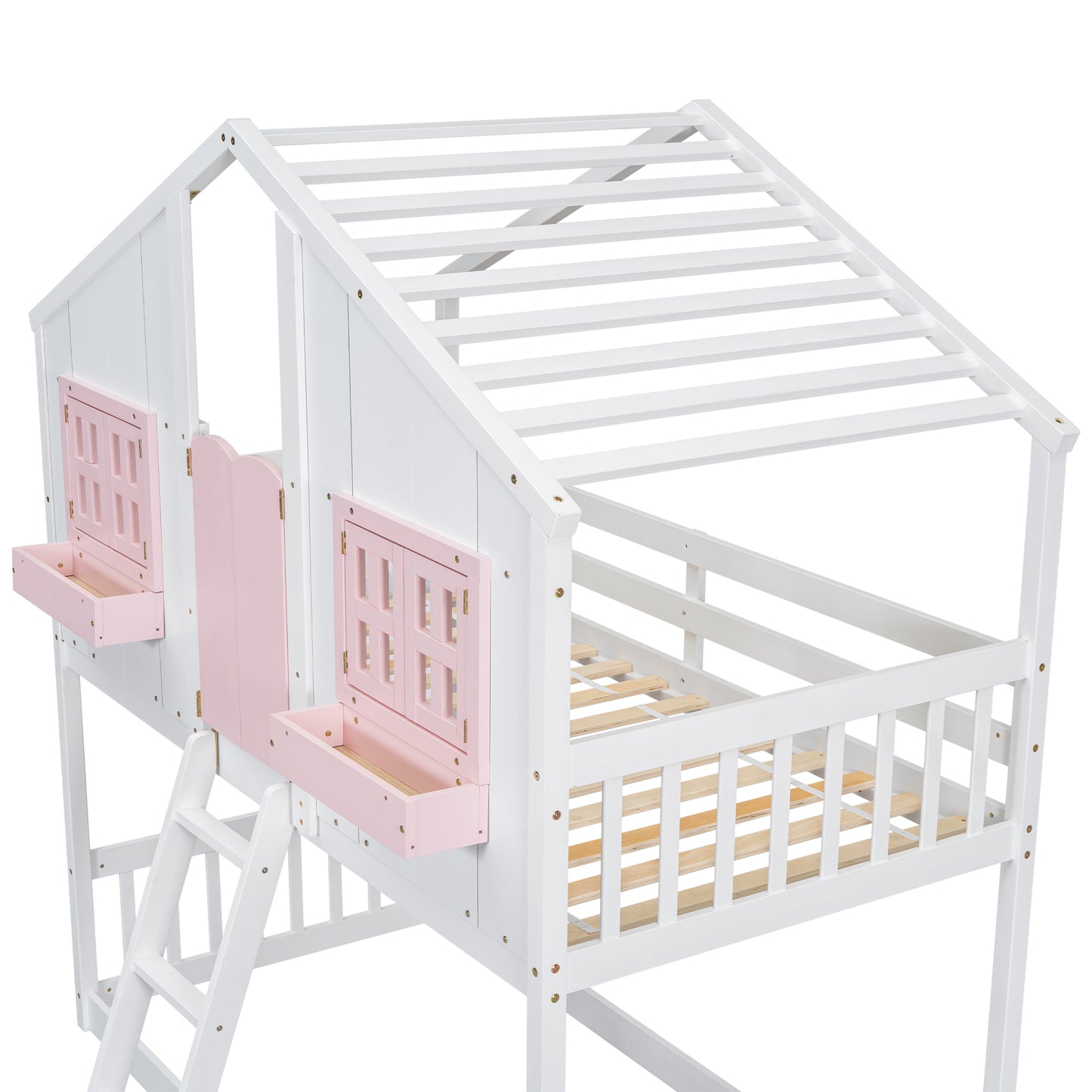 Sweet White and Pink Twin Play House Bunk Bed