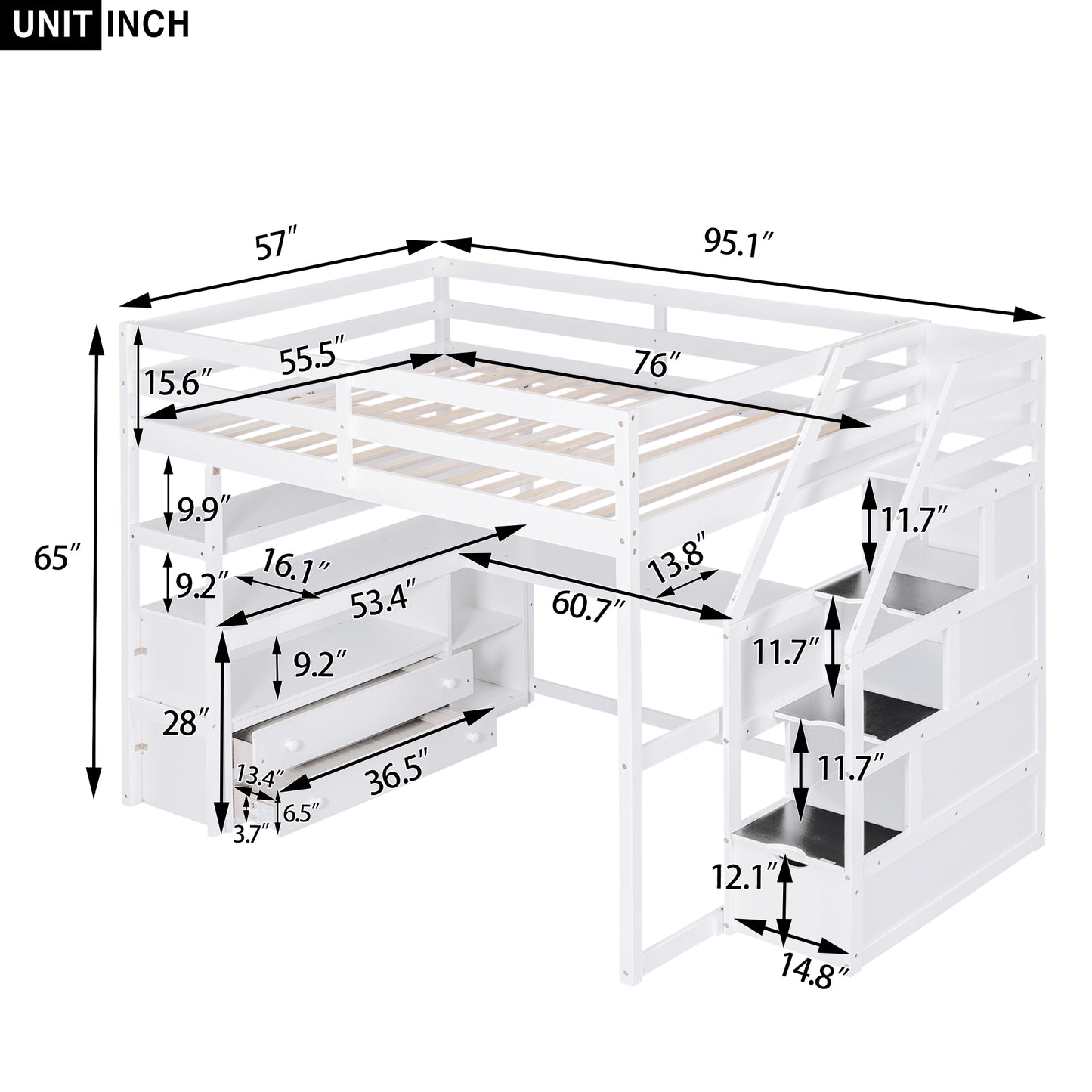 White Full Size Loft Bed with Desk, Shelves, and Built-in Drawers