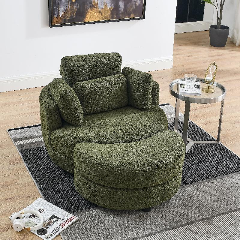 Oversized Round Green Swivel Chair with Wrap Around Storage Ottoman