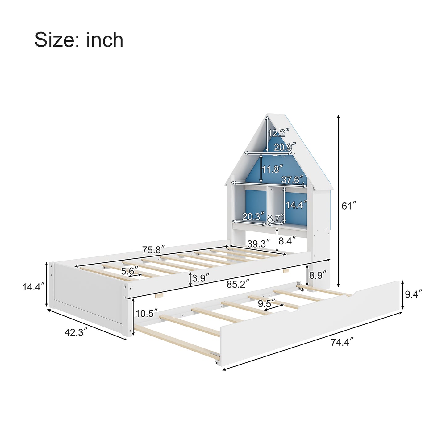 White & Blue House-Shaped Twin Bed with Bookcase Headboard