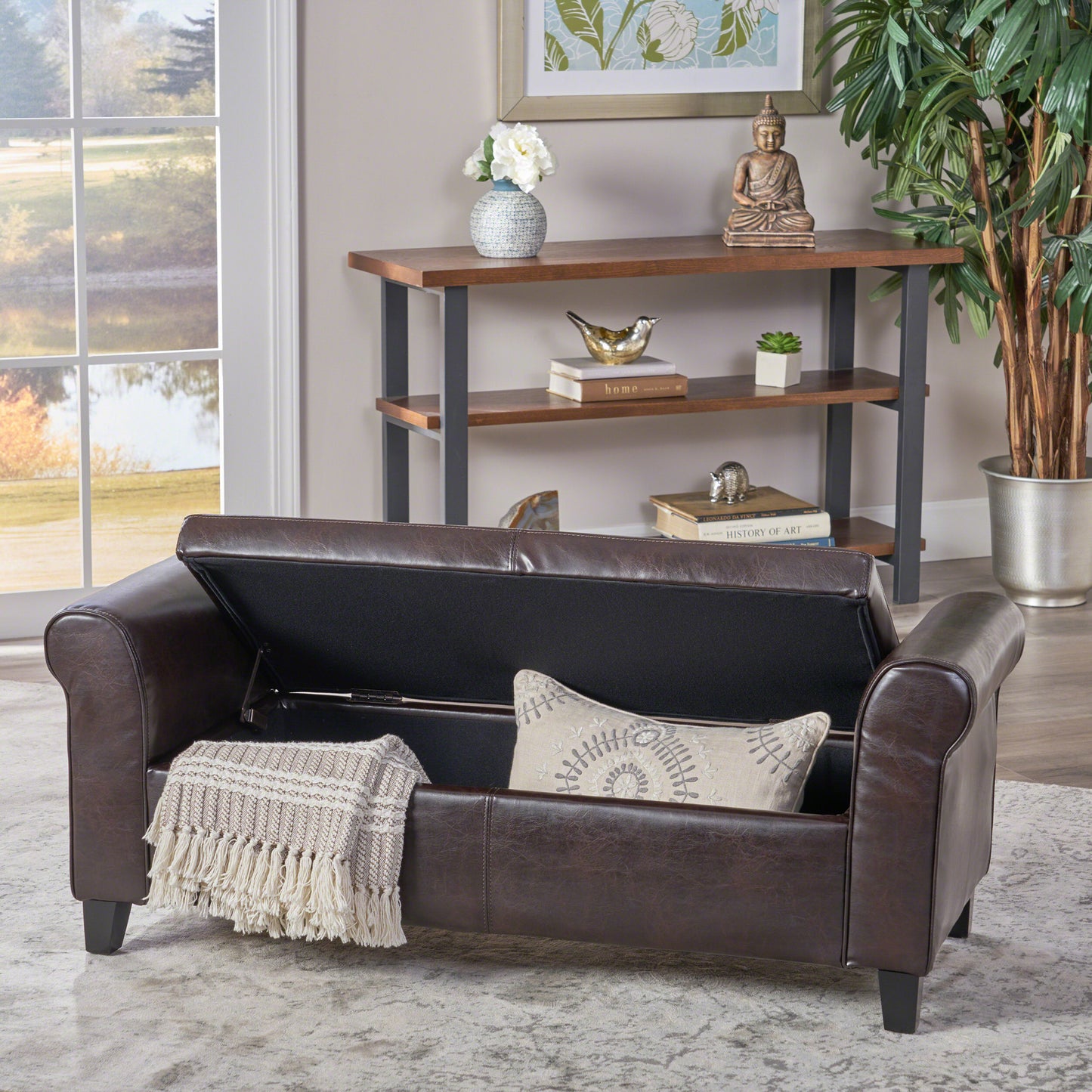 Brown PU Leather Storage Bench