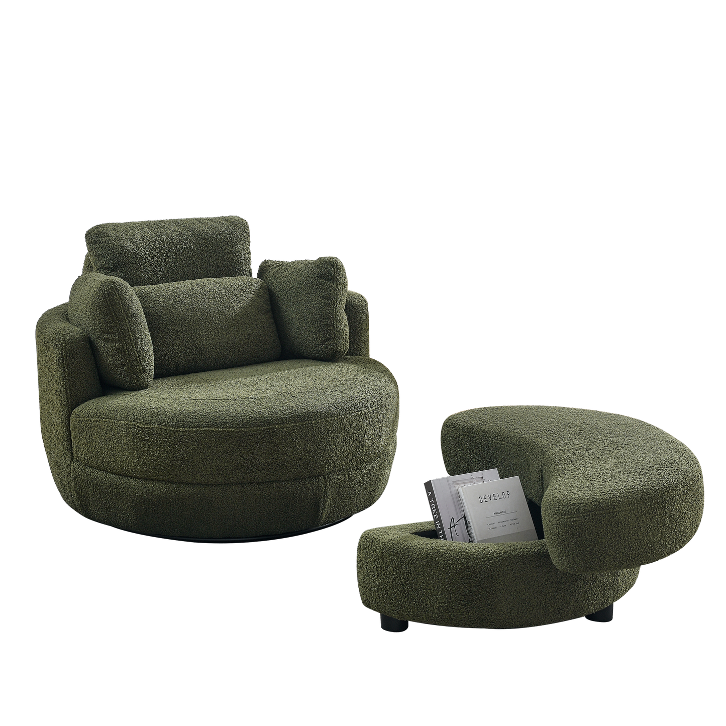 Oversized Round Green Swivel Chair with Wrap Around Storage Ottoman