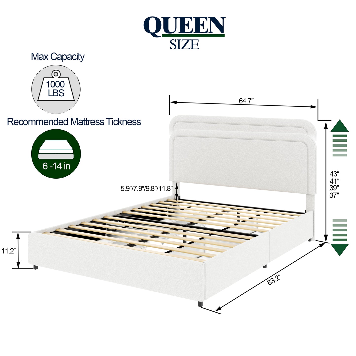 Ivory Boucle Queen Platform Bed with 4 Drawers Storage