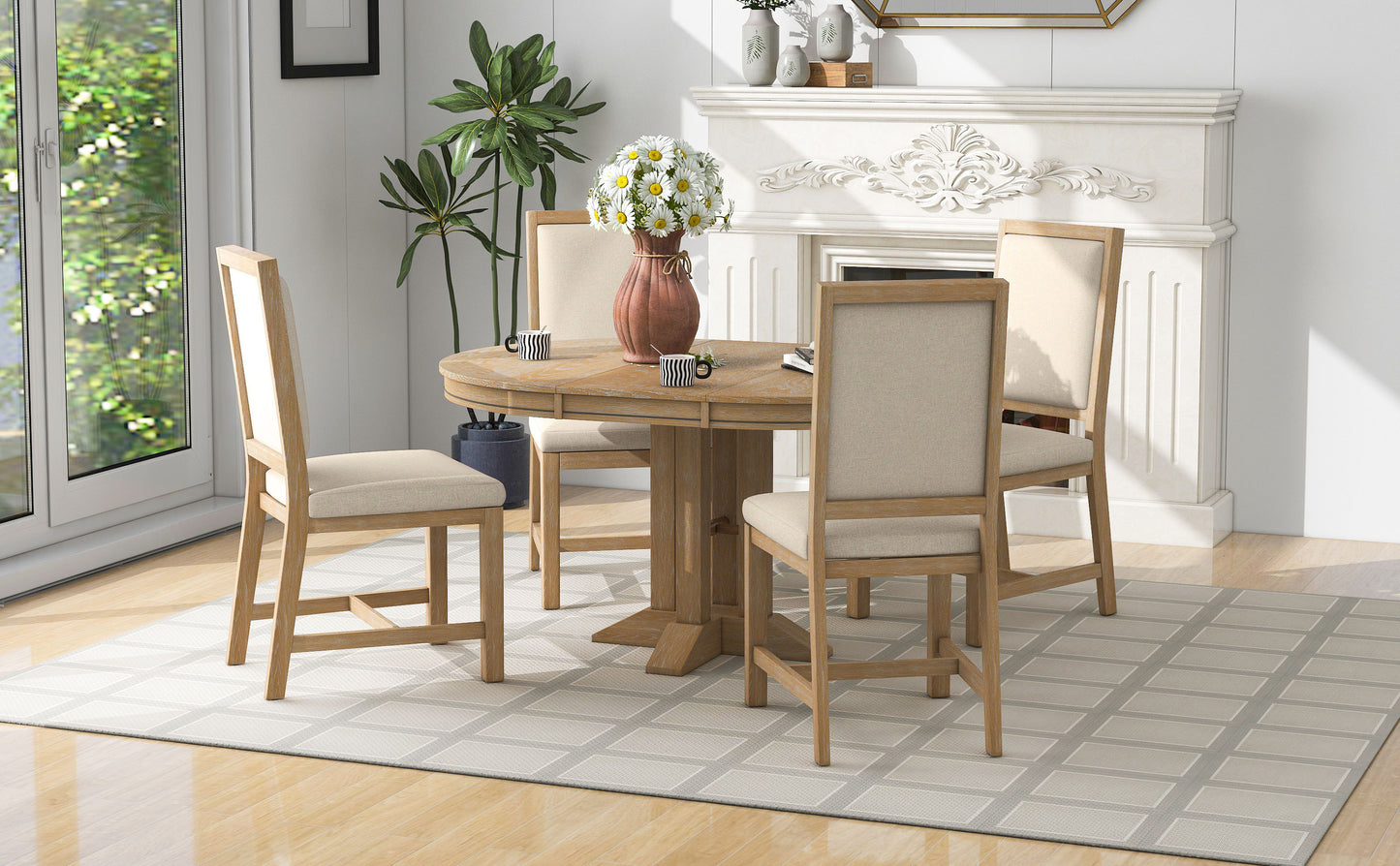 Natural 5-Piece Extendable Round Table and 4 Upholstered Chairs