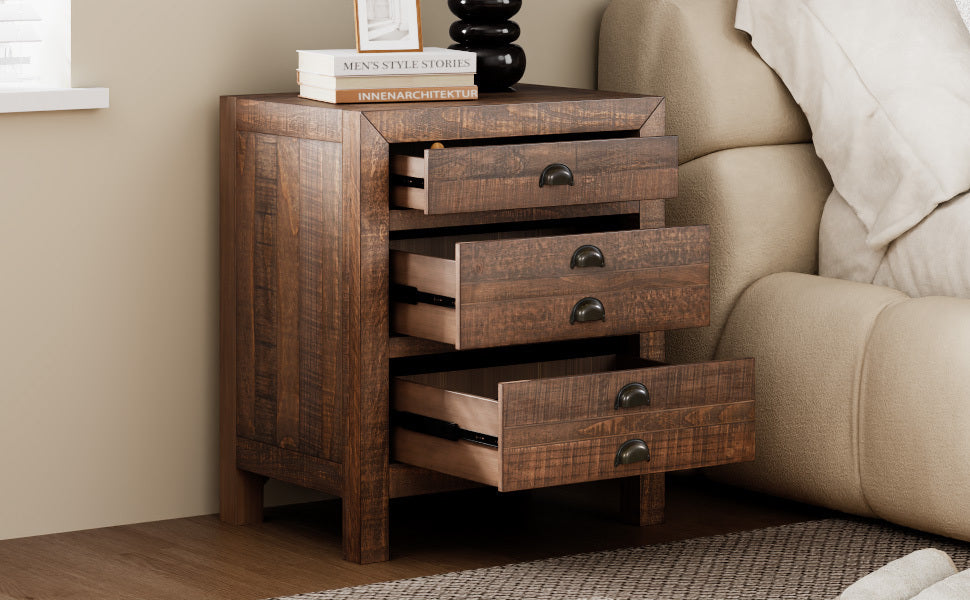 Rustic 3-Drawer Pine Wood Nightstand