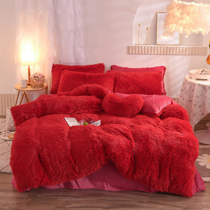 Red Luxury Thick Furry Fleece Duvet Cover Set