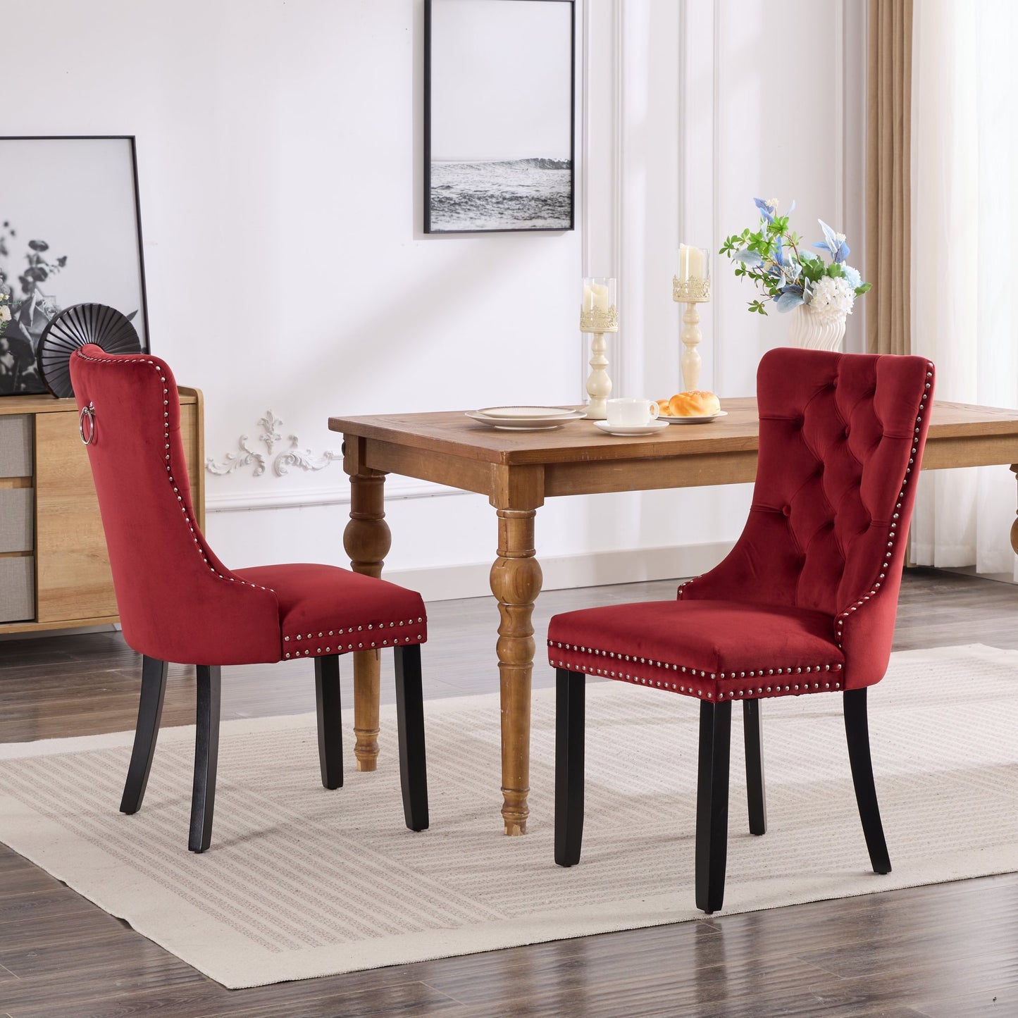 High-End Red Tufted Velvet Dining Chairs 2pc