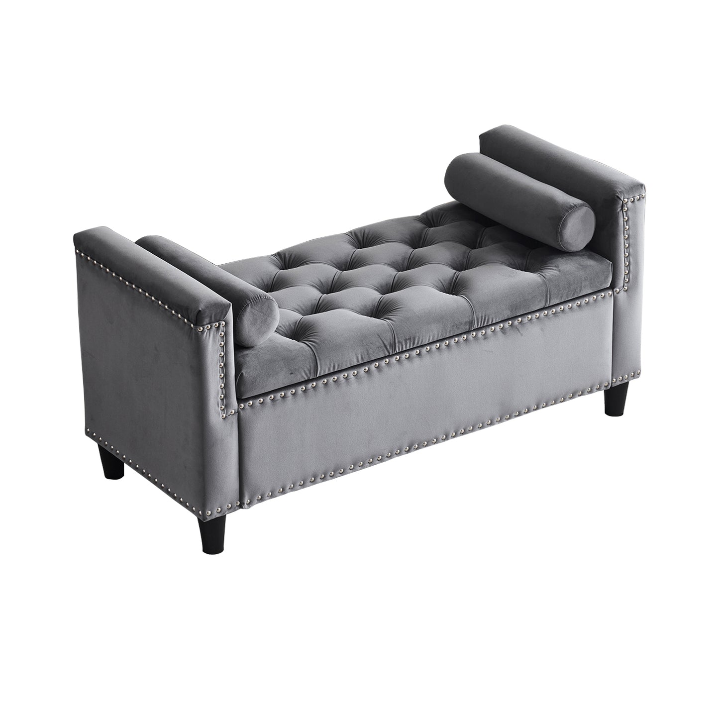 Gray Velvet Button Tufted Storage Bench