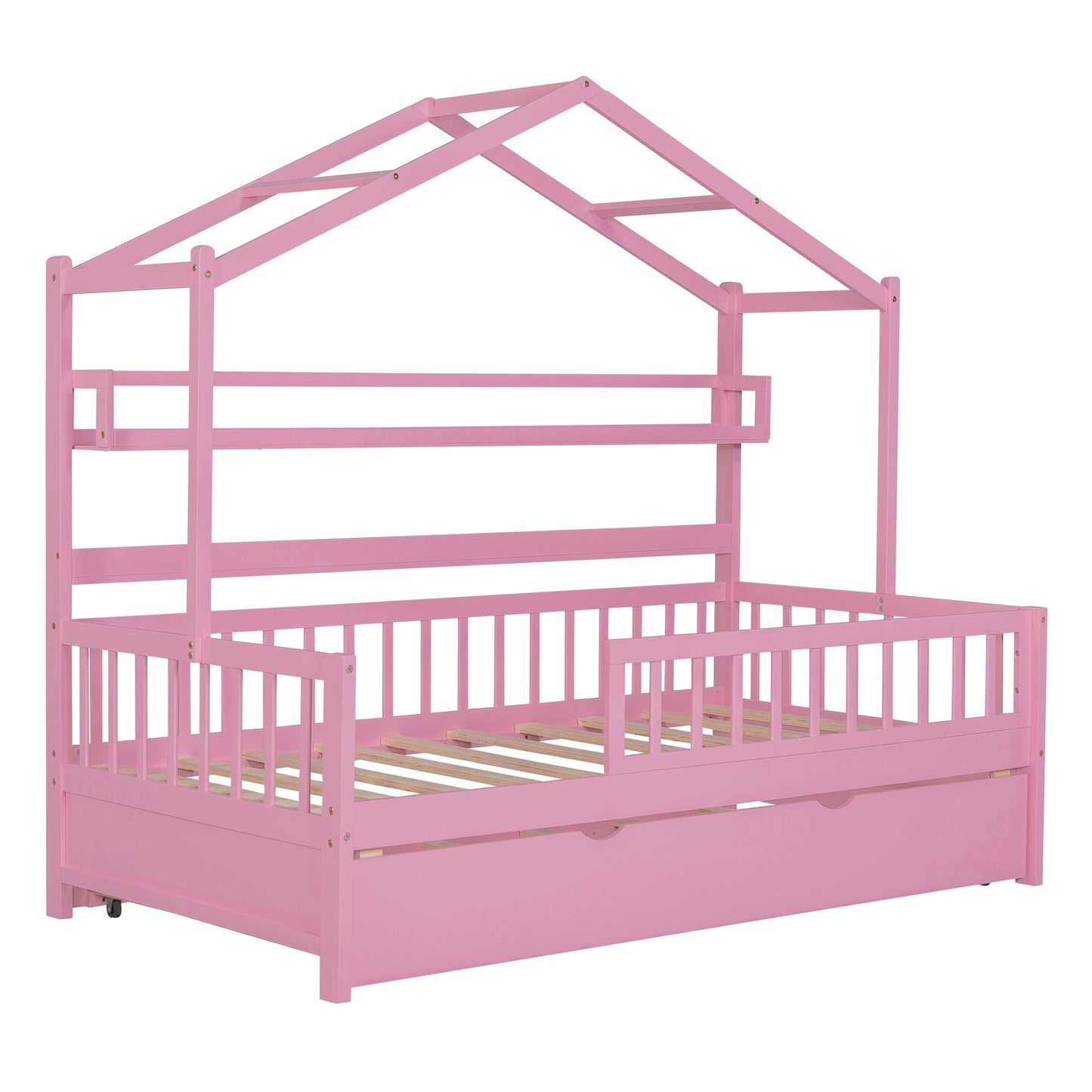 Pink Wooden Twin Size House Bed