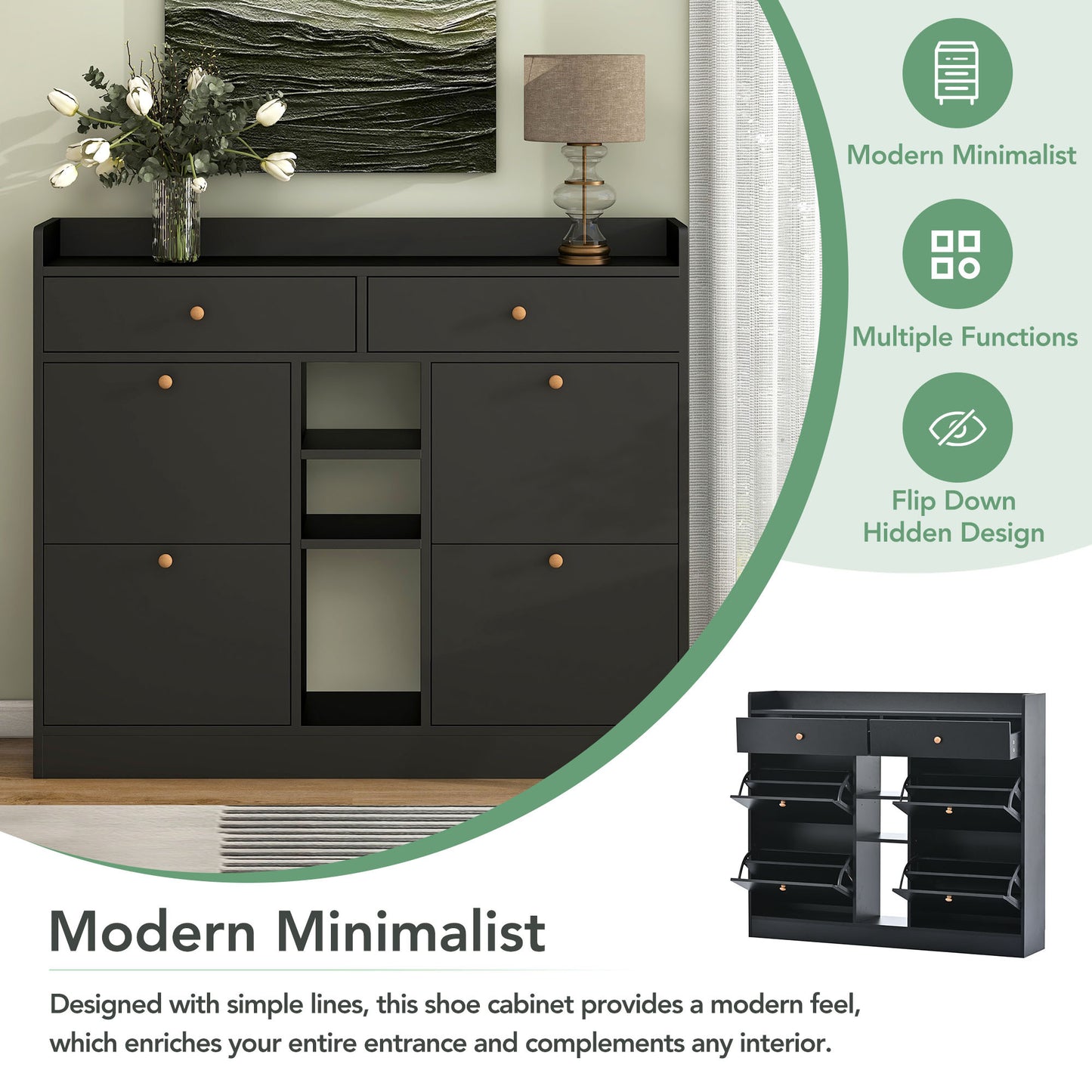 Tall Black Shoe Cabinet with 4 Flip Drawers