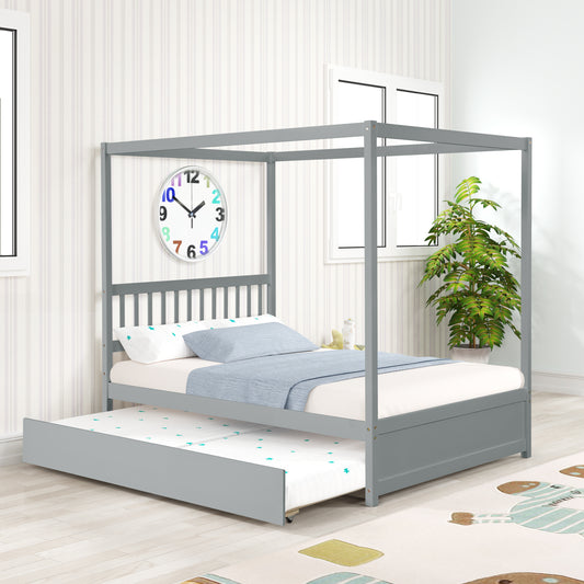 Grey Full Size Canopy Bed with Twin Trundle