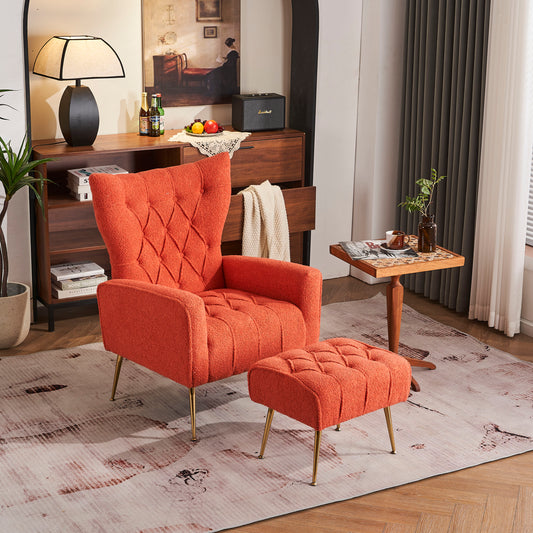 Modern Orange Diamond Tufted Accent Chair with Ottoman