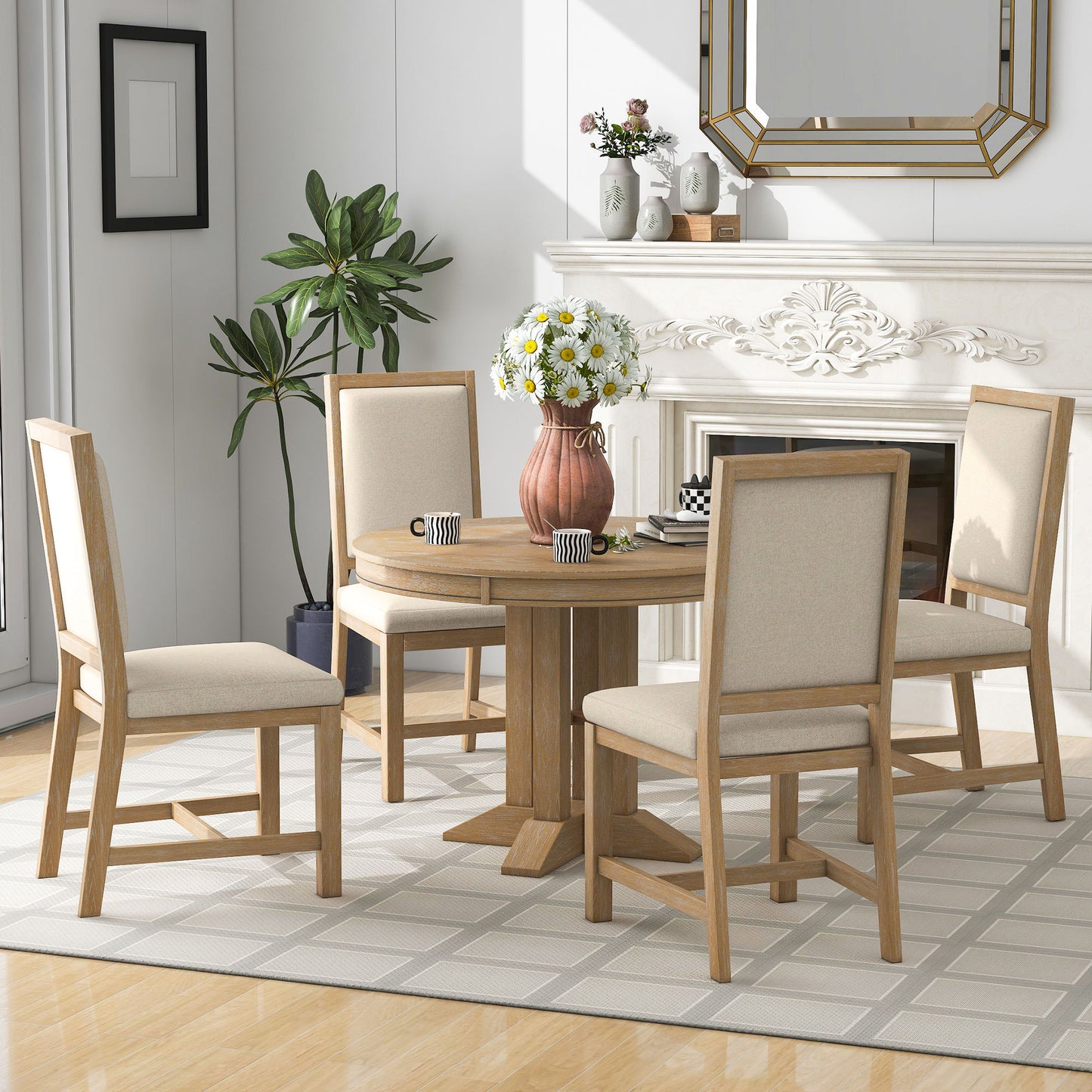 Natural 5-Piece Extendable Round Table and 4 Upholstered Chairs