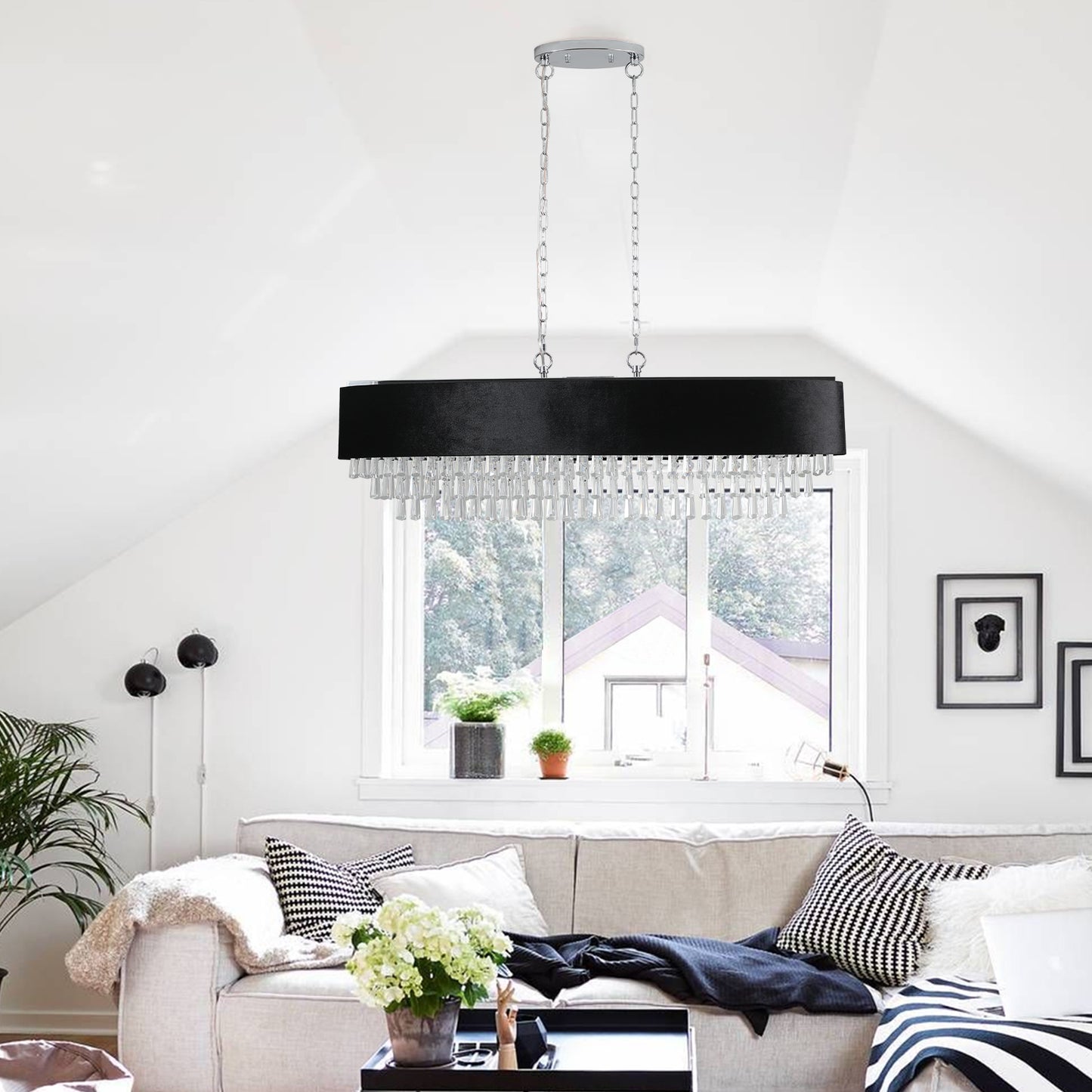 Modern Black Oblong Crystal Chandelier