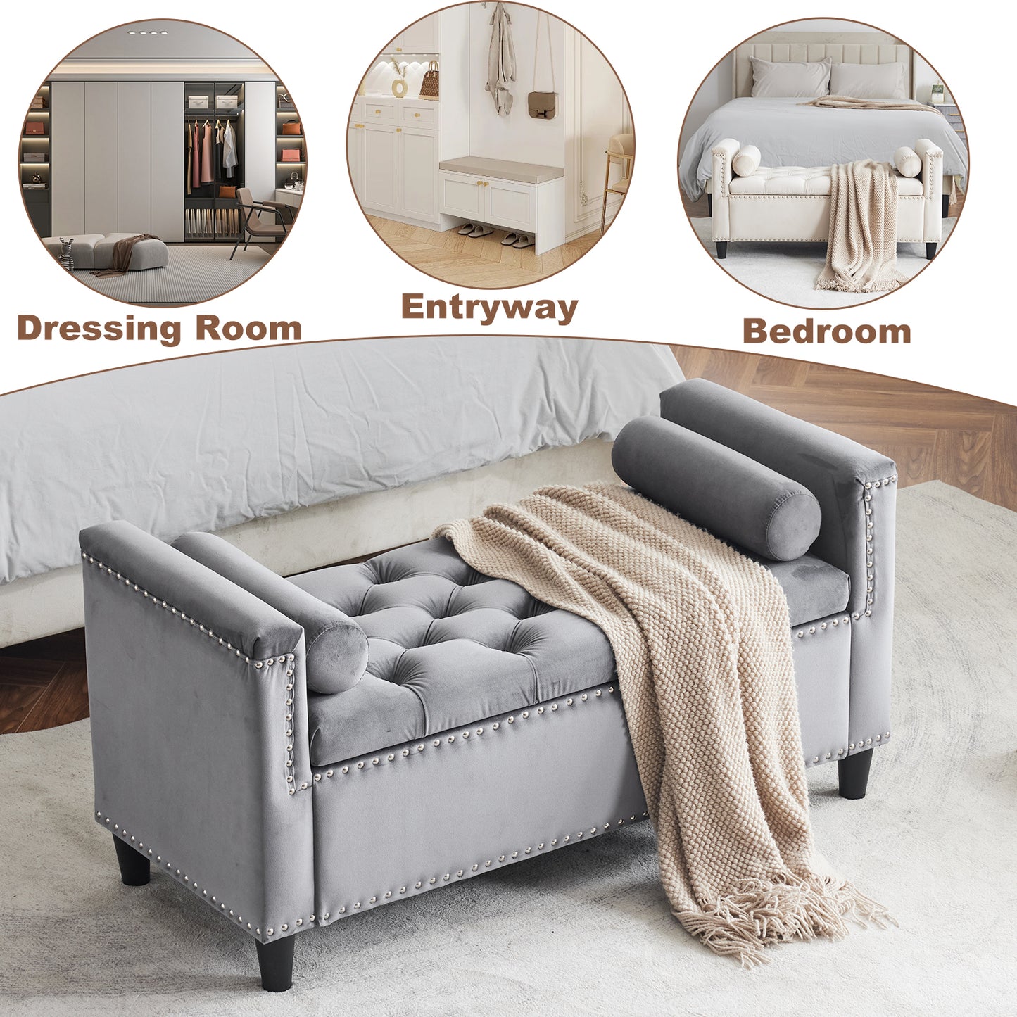 Gray Velvet Button Tufted Storage Bench