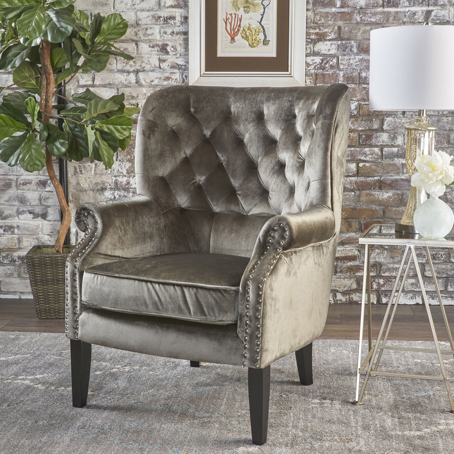 Platinum Tufted Velvet Wingback Club Chair