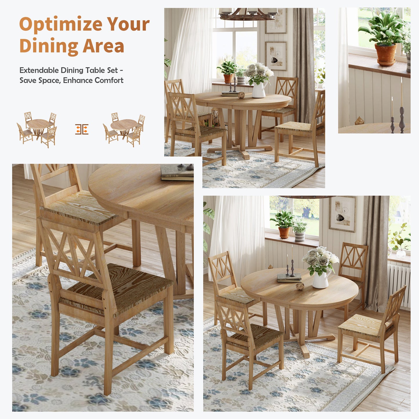 Rustic Natural Rubber Wood 5-Piece Extendable Dining Set