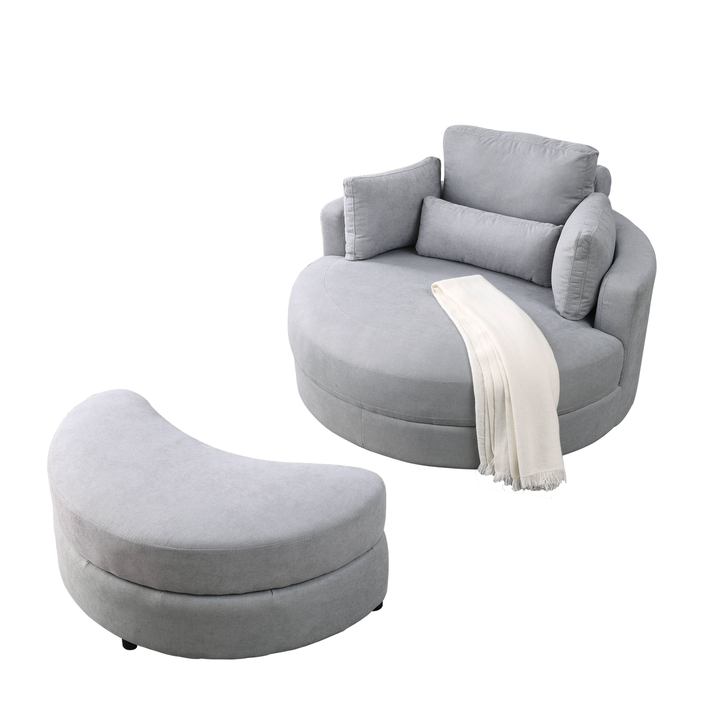 Grey Linen Swivel Accent Barrel Chair with Storage Ottoman