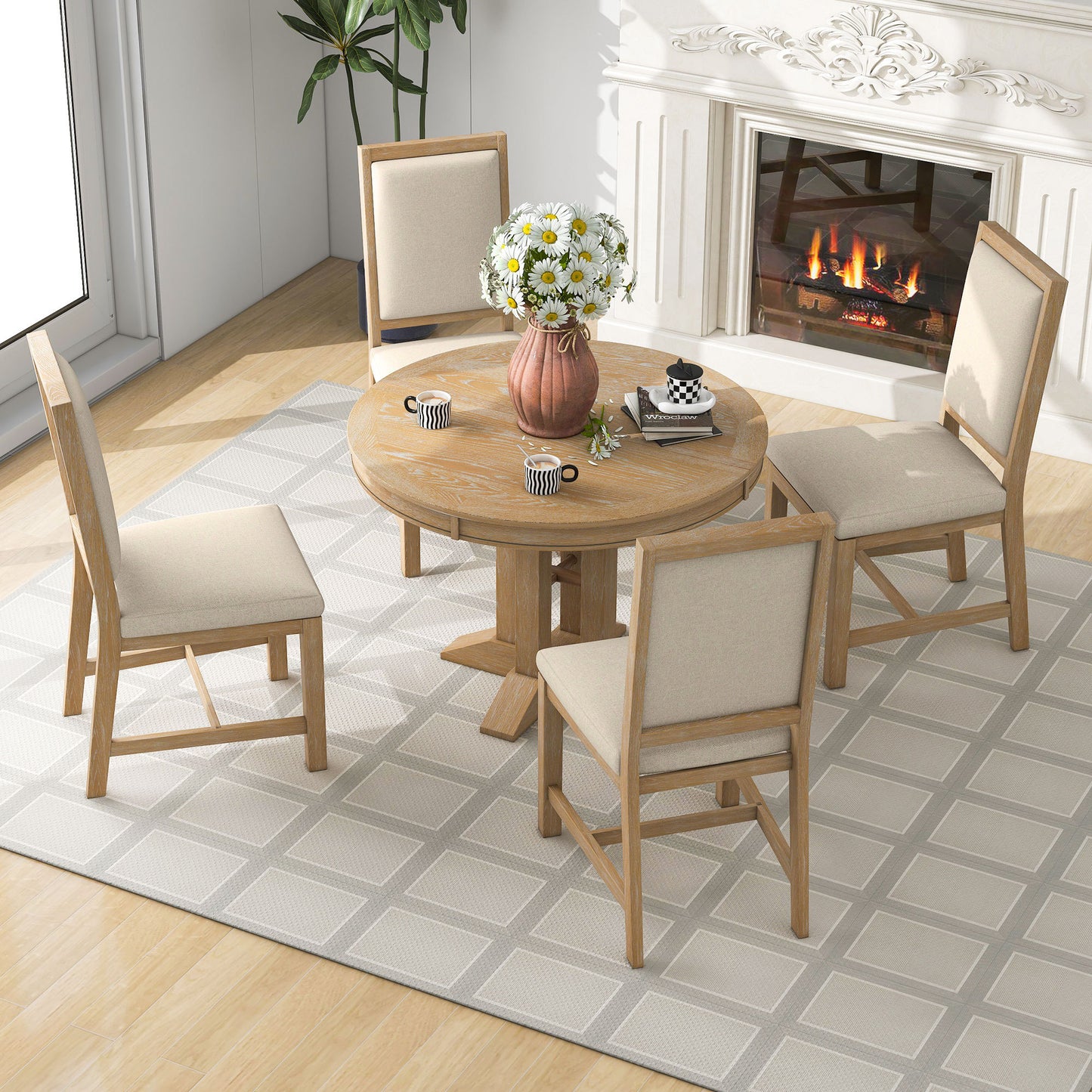 Natural 5-Piece Extendable Round Table and 4 Upholstered Chairs