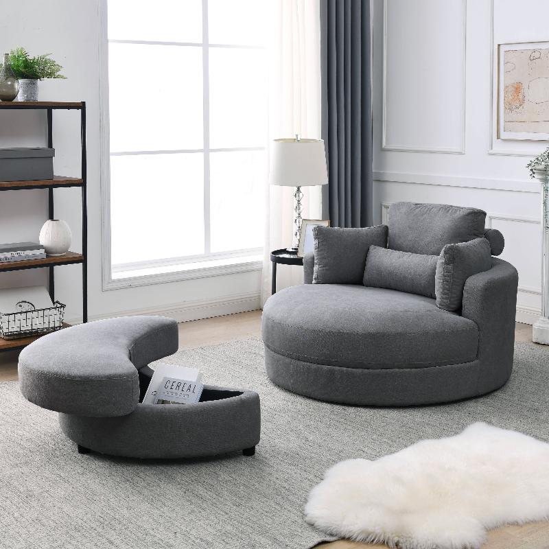 Grey Linen Swivel Accent Barrel Chairs with Storage Ottomans