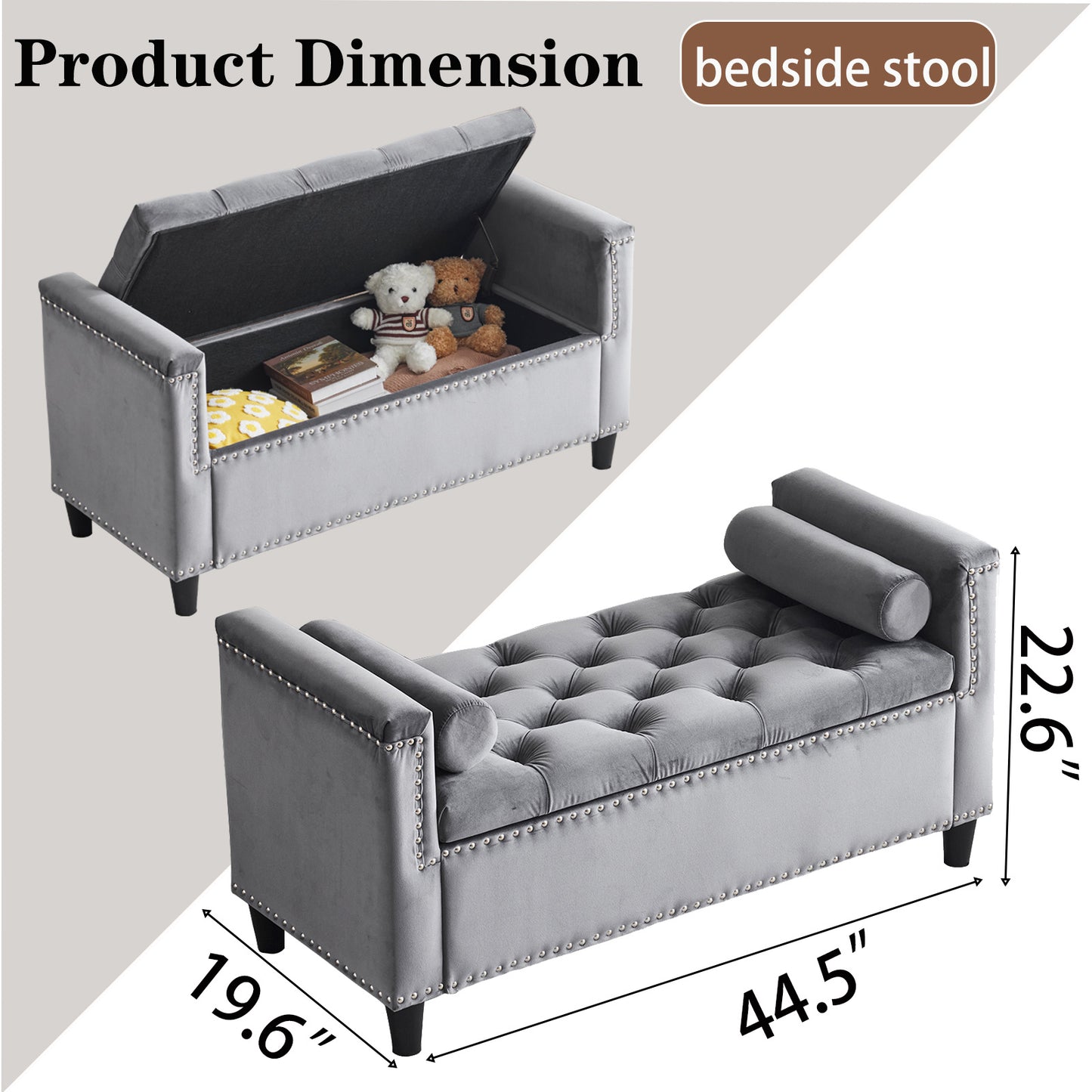 Gray Velvet Button Tufted Storage Bench