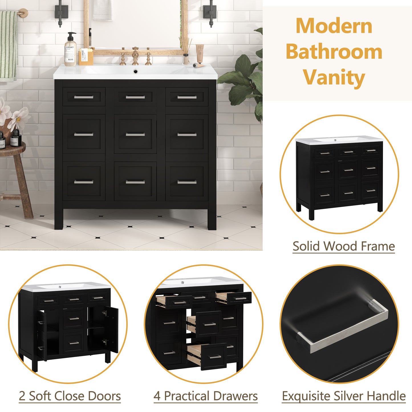 36" Bathroom Vanity Cabinet with Resin Integrated Sink