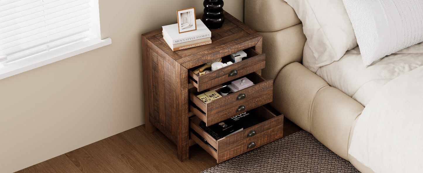 Rustic 3-Drawer Pine Wood Nightstand