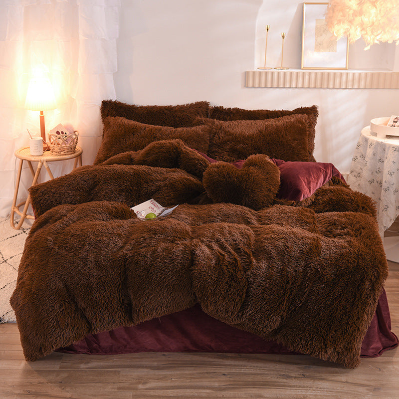 Brown Luxury Thick Furry Fleece Duvet Cover Set