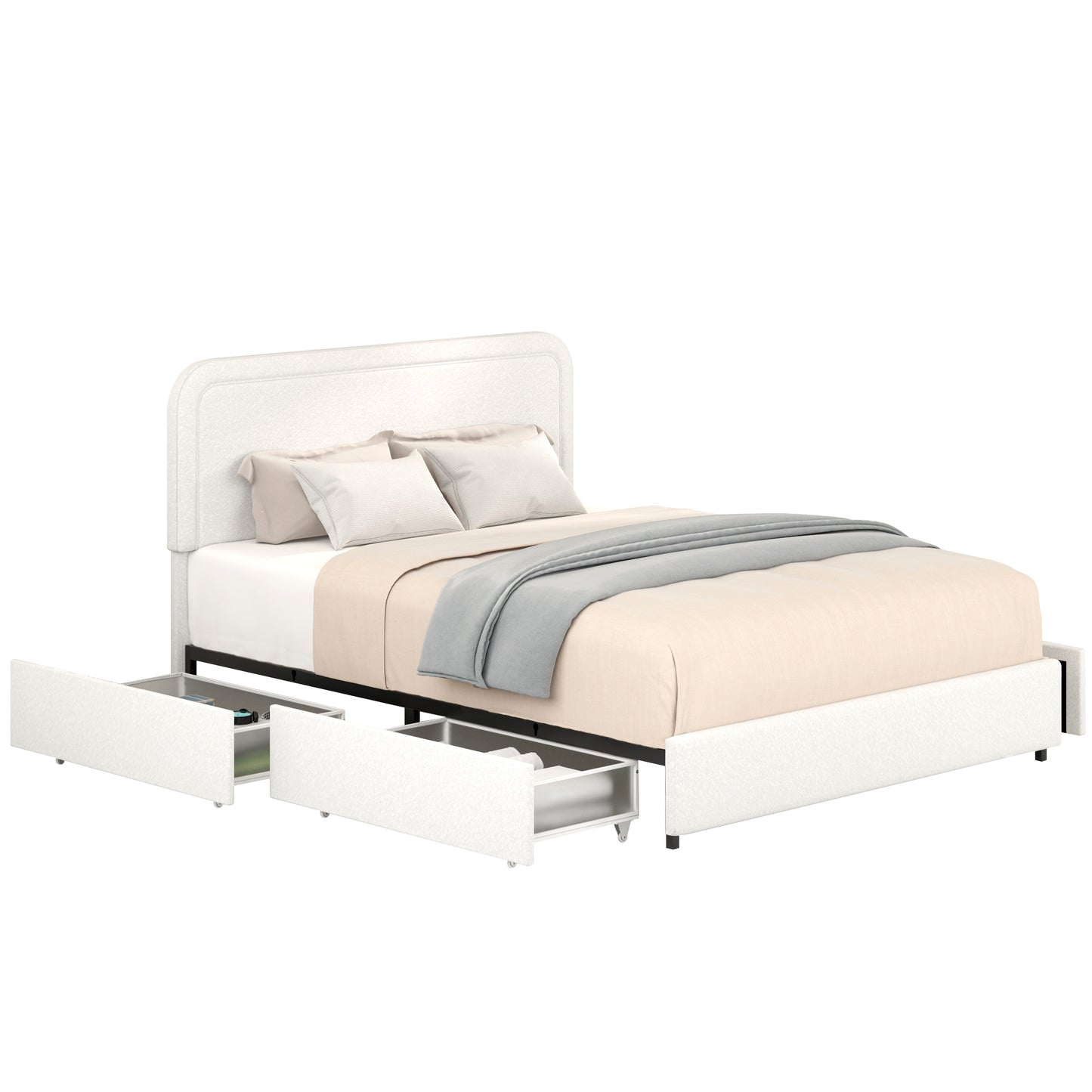 Ivory Boucle Queen Platform Bed with 4 Drawers Storage