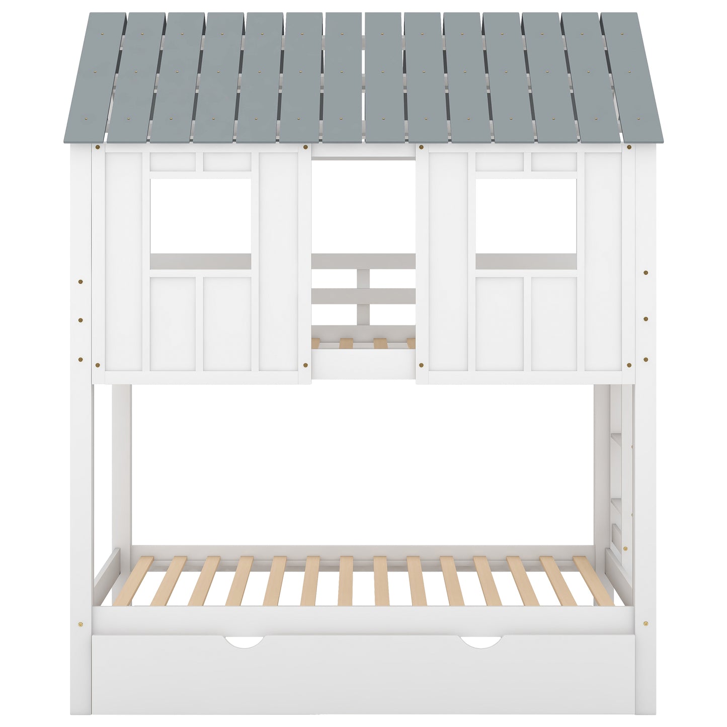 White & Grey House Bunk Bed with Trundle