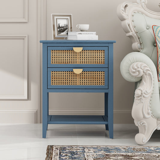 Blue Rattan 2 Drawer Side Table