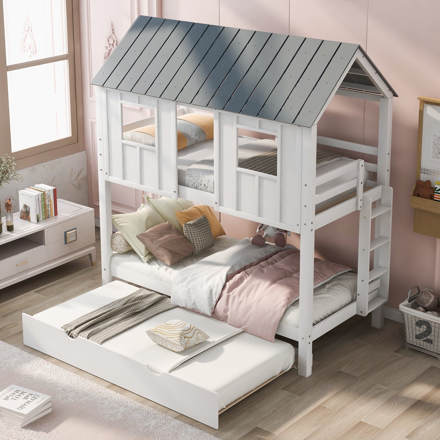 White & Grey House Bunk Bed with Trundle