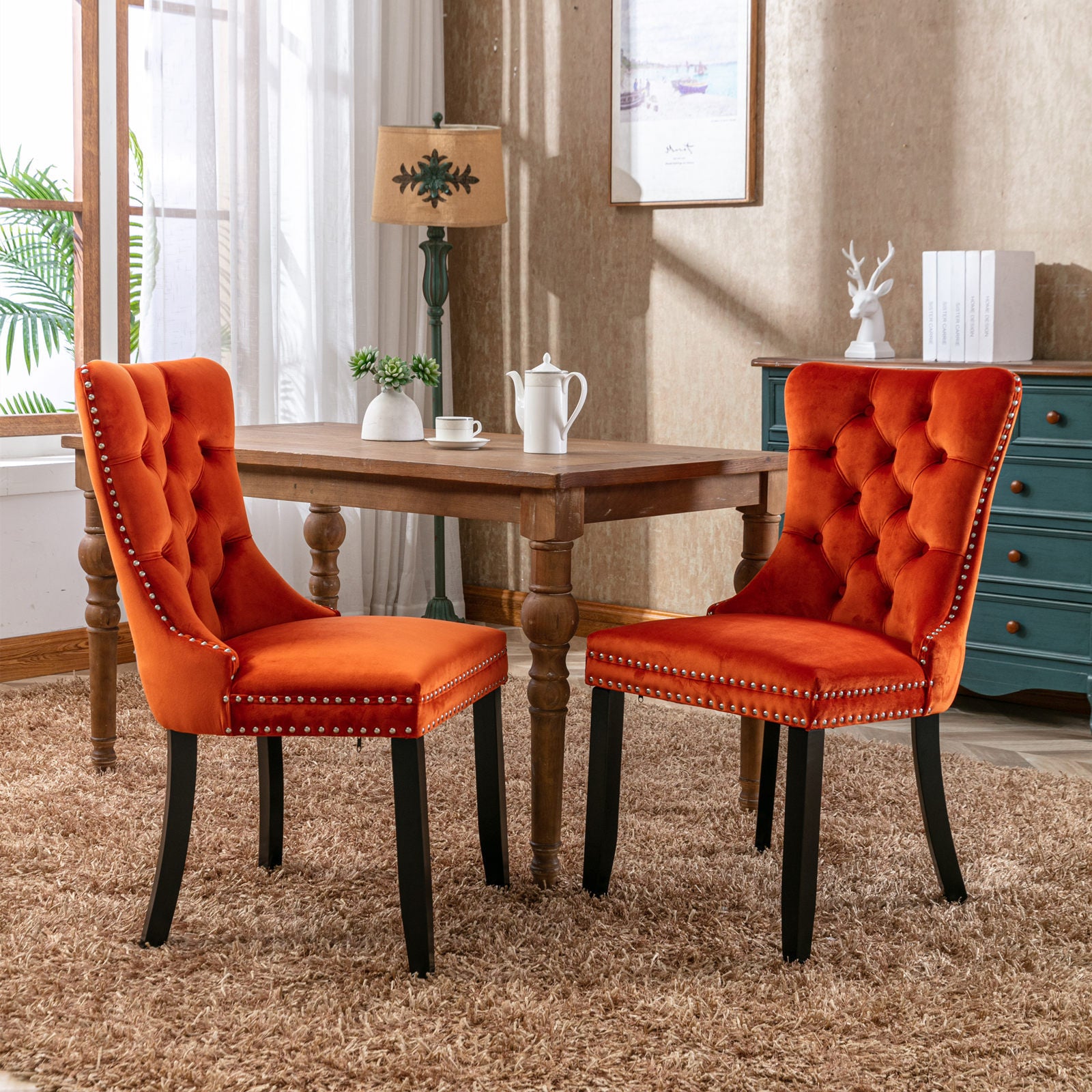 Orange Button Tufted High-End Velvet Dining Chairs 2-Pcs Set