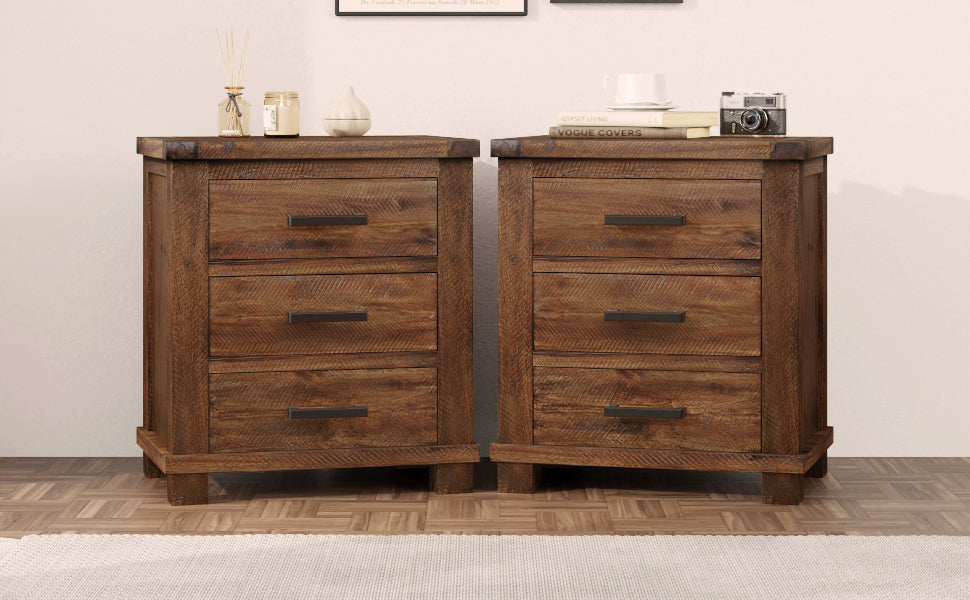 Rustic Three Drawer Reclaimed Solid Wood Farmhouse Nightstand Set of Two