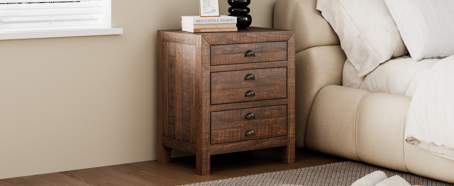 Rustic 3-Drawer Pine Wood Nightstand